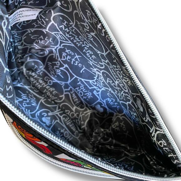 Betsy Johnson Cosmetic Pouch Bag Black Stripe Nesting Doll Print Medium Zip Top - Picture 8 of 12